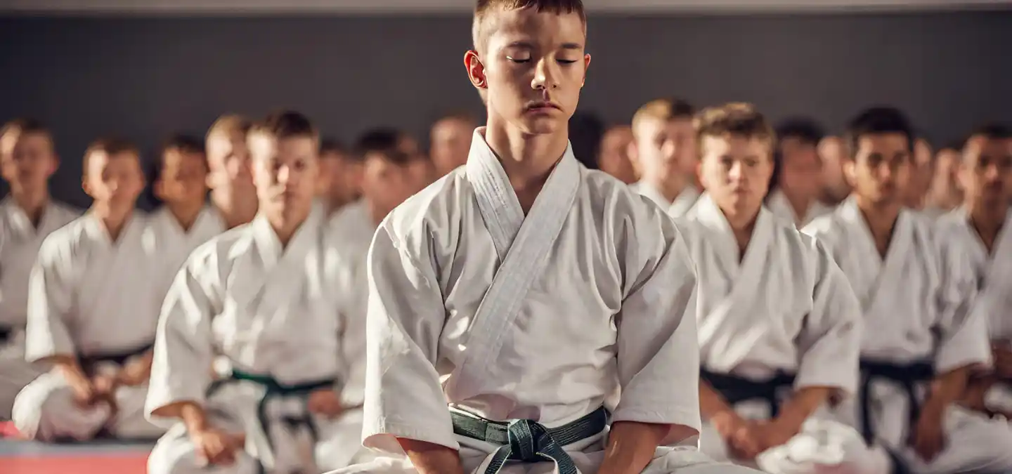 karate e mindfulness - immagine creata da IA di praticanti karate che meditano