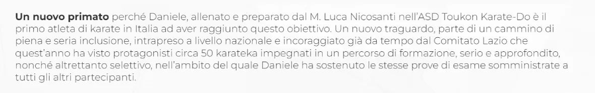 karate e inclusione sociale, screenshot della notizia su Daniele Alfondi